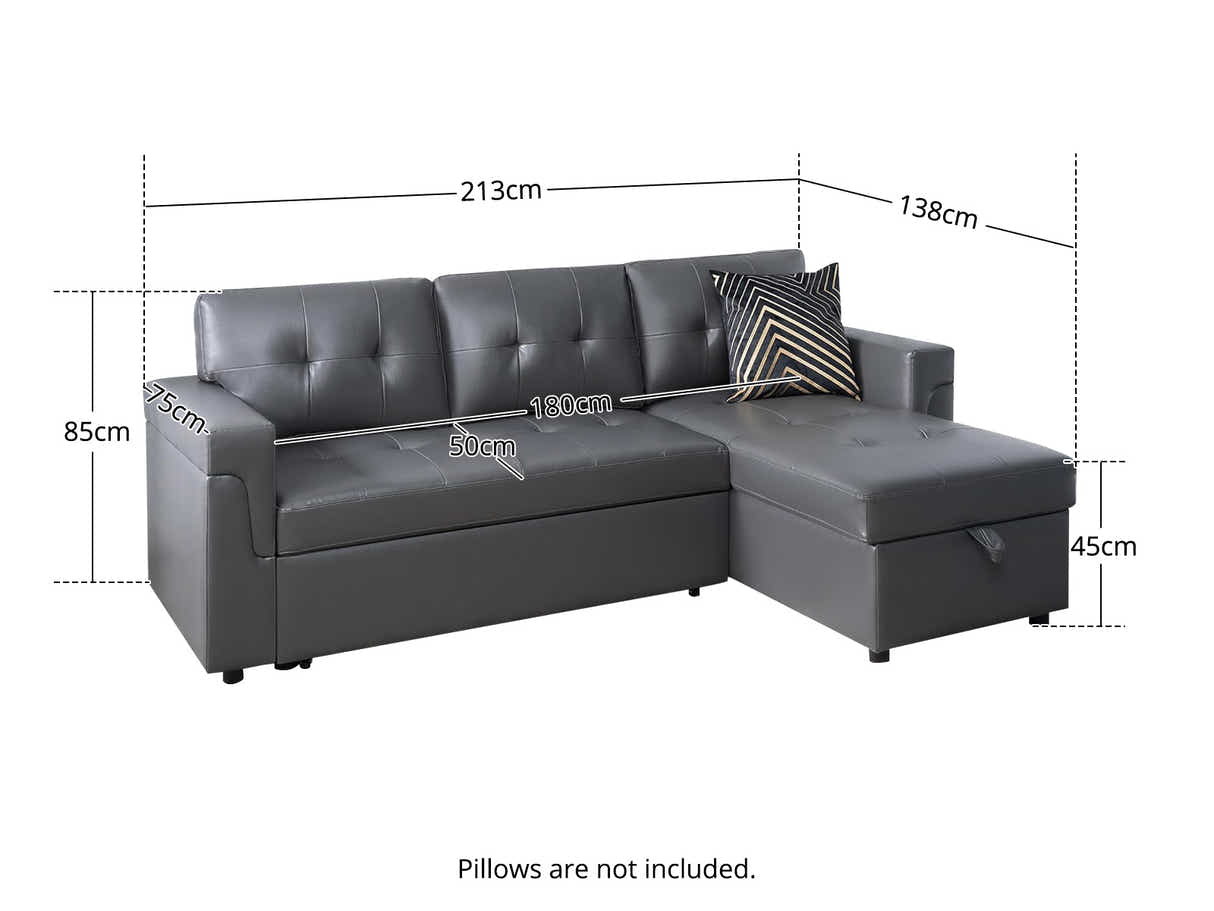 Novia Pull-out Sofa Bed with Storage Chaise PU - Dark Grey