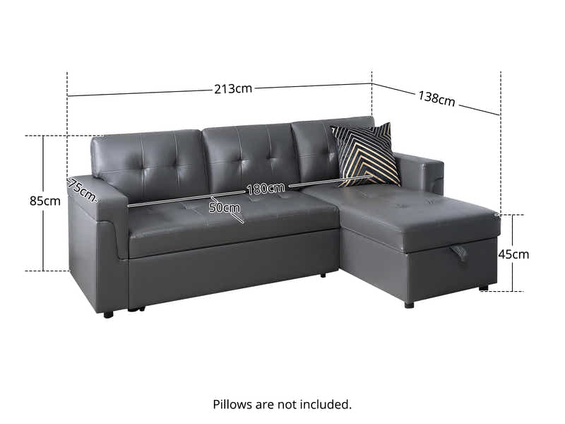 DS Novia Pull-out Sofa Bed with Storage Chaise PU Dark Grey