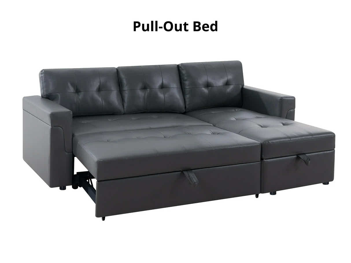 Novia Pull-out Sofa Bed with Storage Chaise PU - Dark Grey