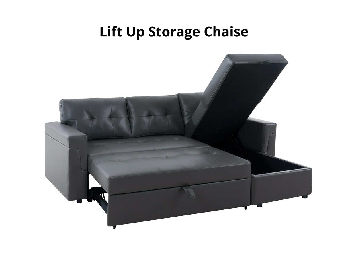 Novia Pull-out Sofa Bed with Storage Chaise PU - Dark Grey