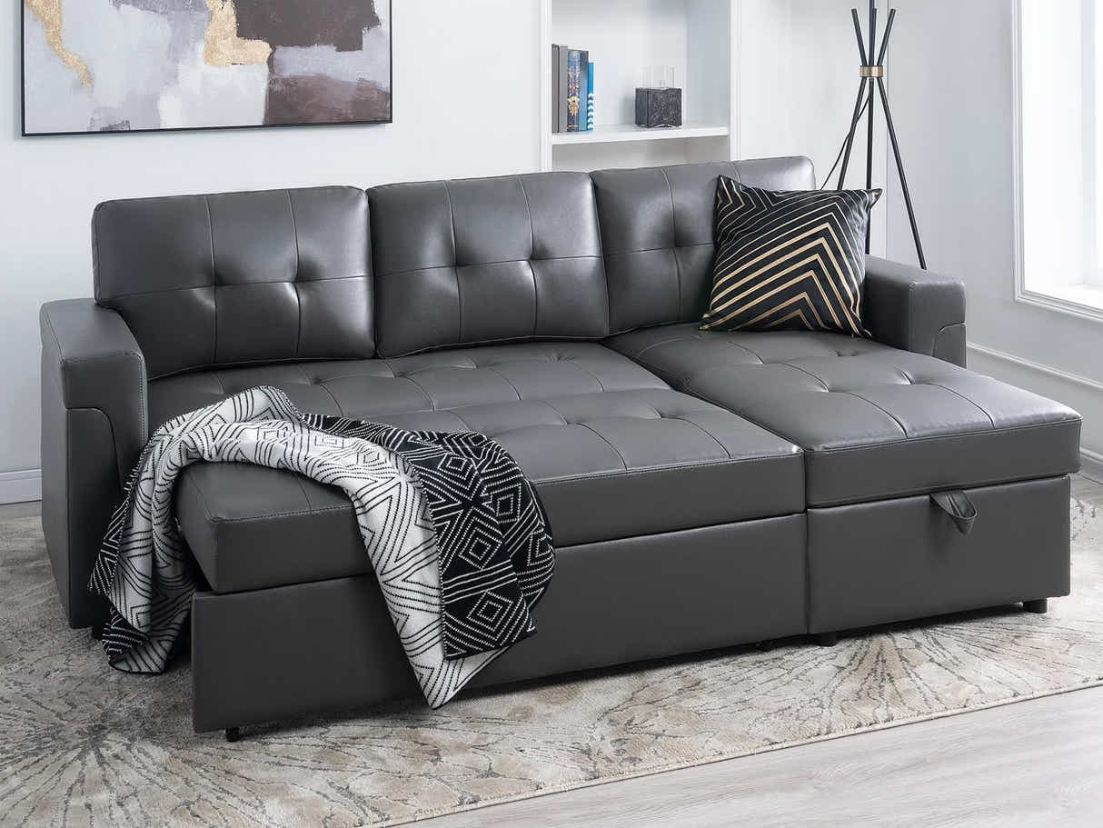 Novia Pull-out Sofa Bed with Storage Chaise PU - Dark Grey