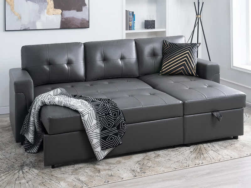 DS Novia Pull-out Sofa Bed with Storage Chaise PU Dark Grey