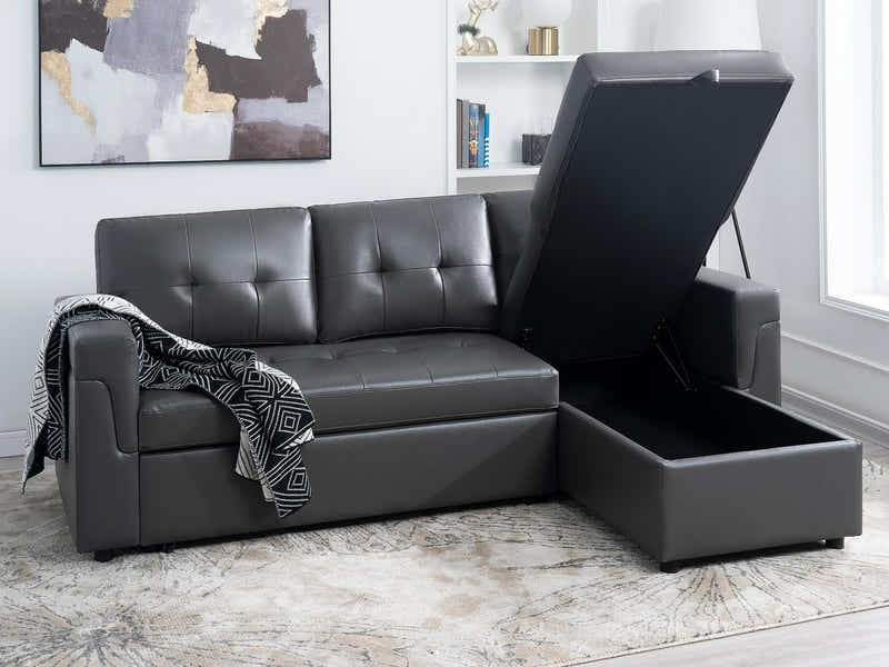 DS Novia Pull-out Sofa Bed with Storage Chaise PU Dark Grey