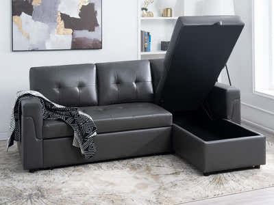 Novia Pull-out Sofa Bed with Storage Chaise PU - Dark Grey