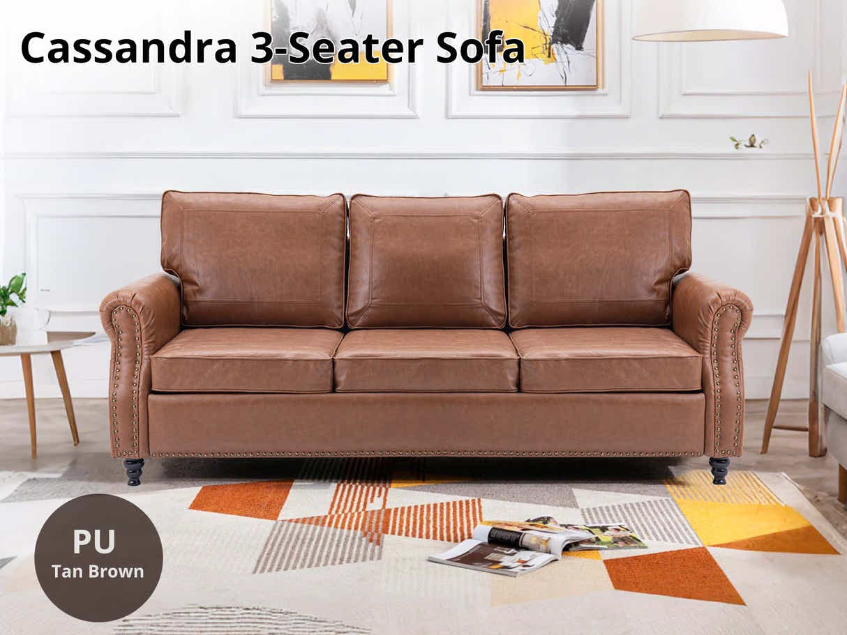 Cassandra 3-seater Sofa PU - Tan Brown