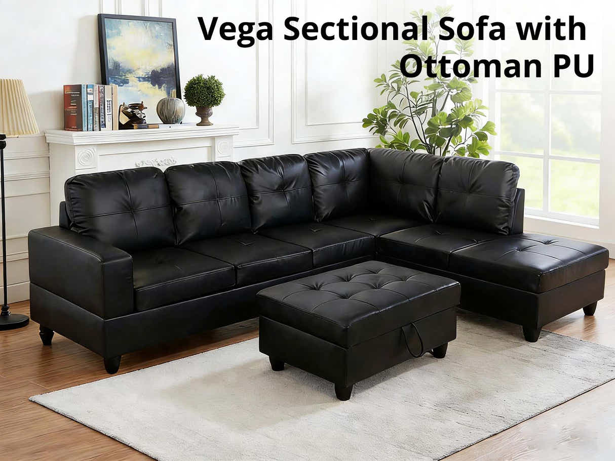 Vega Sectional Sofa with Ottoman PU - Black