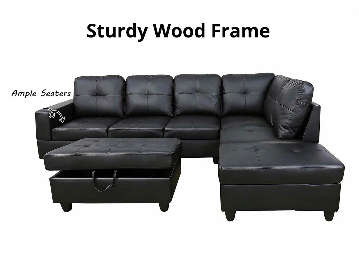Vega Sectional Sofa with Ottoman PU - Black