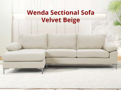 Wenda Velvet Sofa with Chaise - Beige
