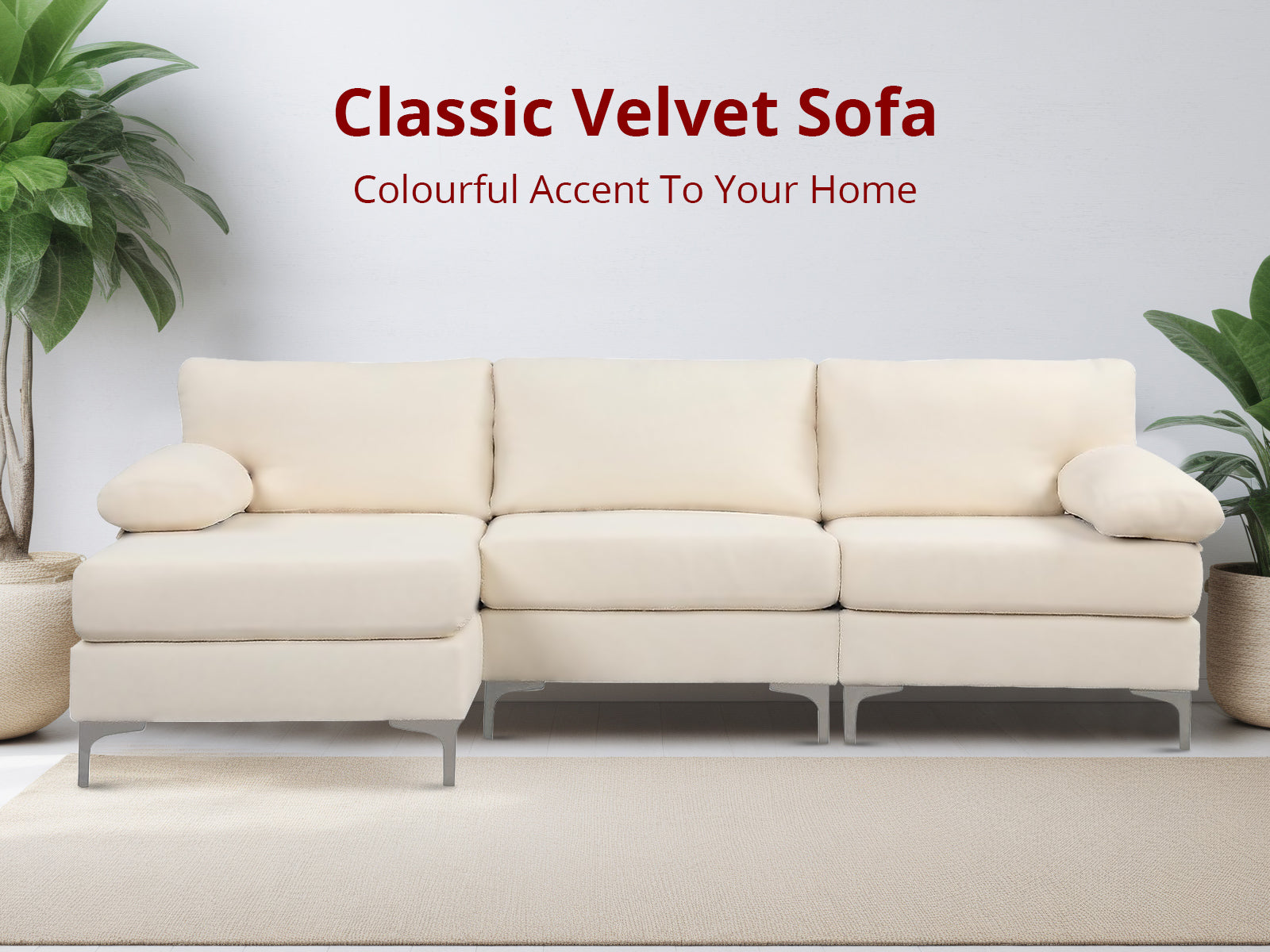 Wenda Velvet Sofa with Chaise - Beige
