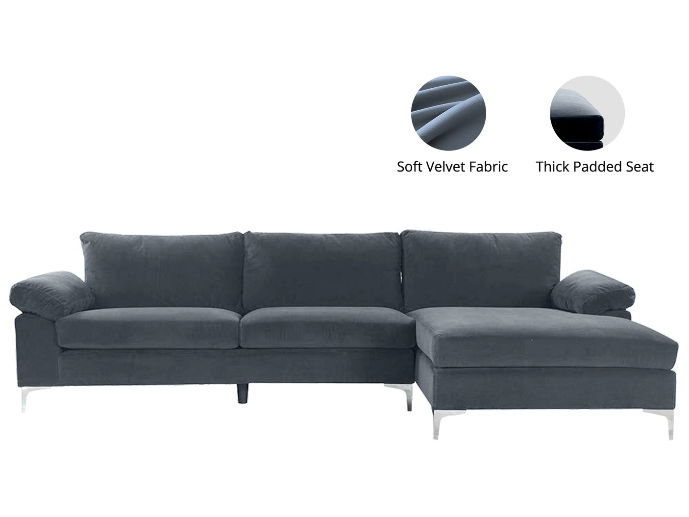 New Ronni Sectional Sofa with Right Chaise Velvet Dark Grey