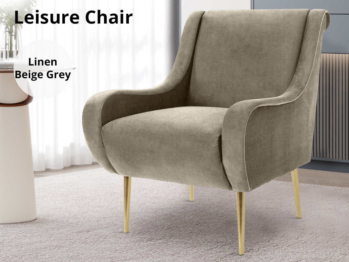 Linen Accent Chair with Curved Arms - Beige Grey