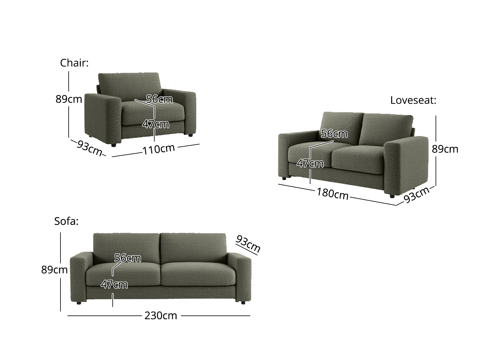 Chenille 3-Piece Sofa Set - Green