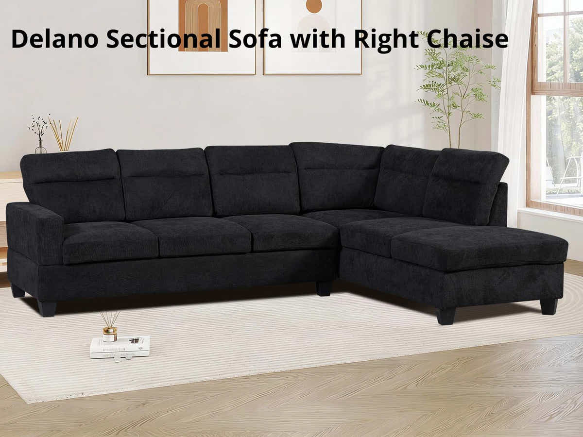 DS Delano Sectional Linen Sofa with Right Chaise - Black
