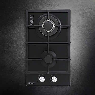 DS NA Devanti Gas Cooktop 30cm 2 Burner Built-in Stove Glass Cook Top NG LPG