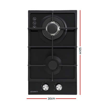 DS NA Devanti Gas Cooktop 30cm 2 Burner Built-in Stove Glass Cook Top NG LPG