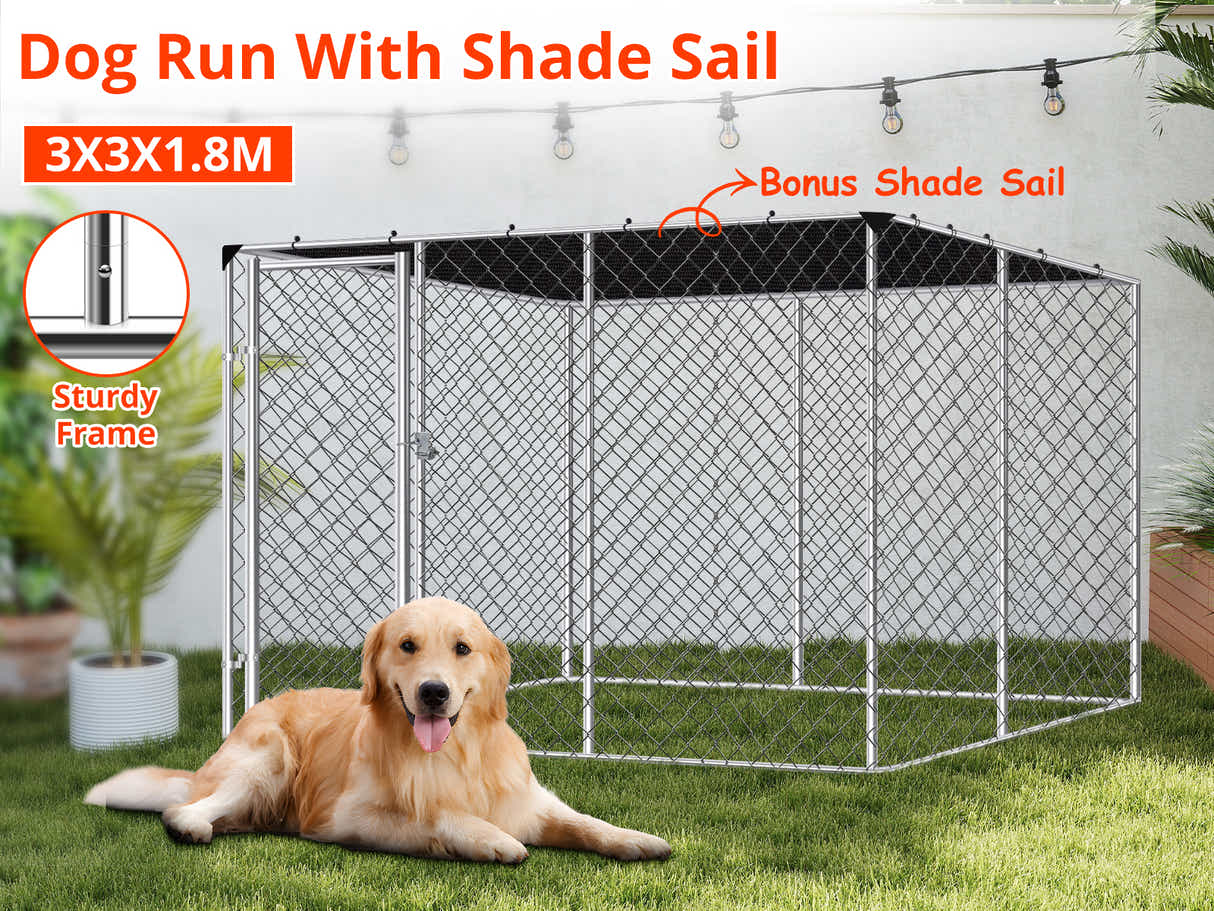 Dog Run with Shade Sail - 3m x 3m x 1.8m