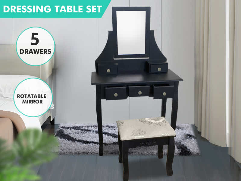 Dressing Table with Stool Black - 74.5 cm