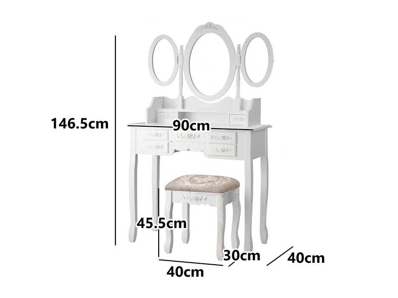 7-Drawer Dressing Table Set White - 90 cm