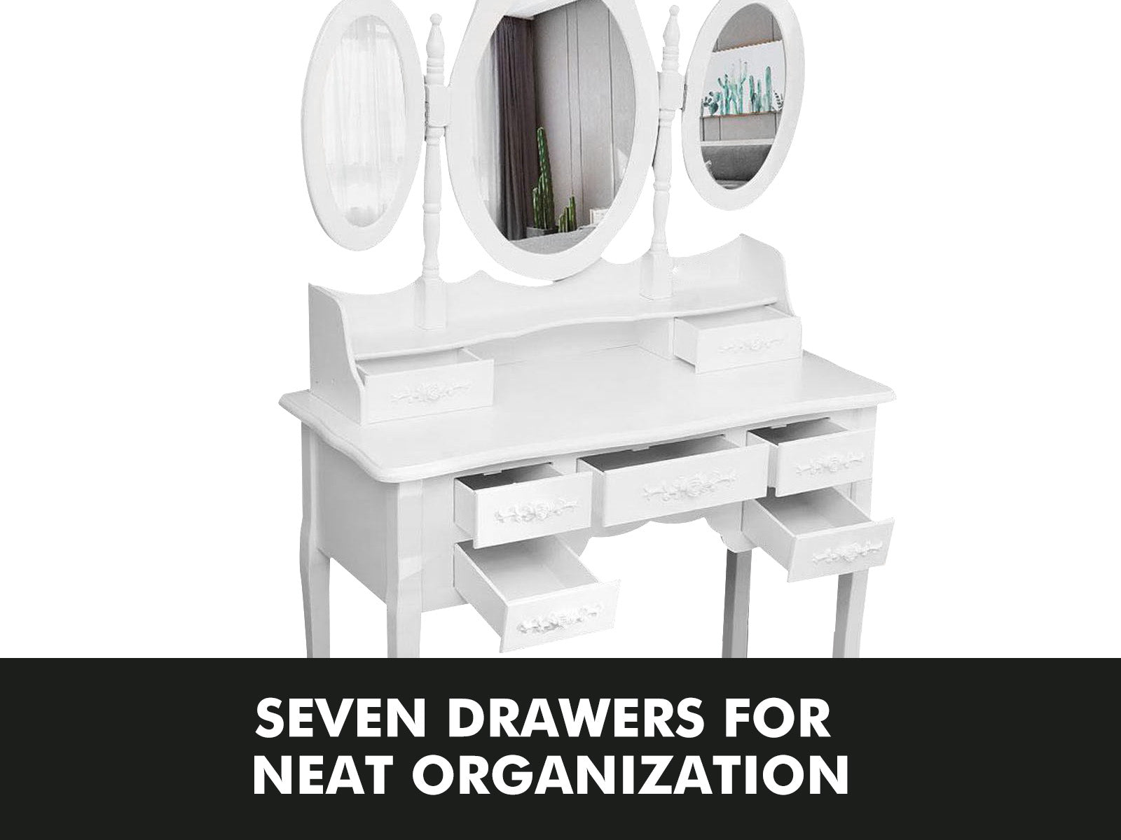 7-Drawer Dressing Table Set White - 90 cm