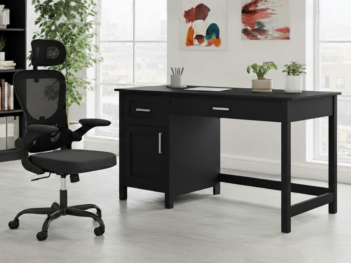 Home Office Desk with Storage Black & Molina Mesh Task Chair Black+Black