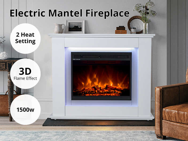 Mantel Electric Fireplace with LED Light - White