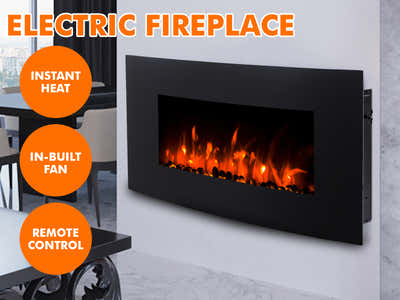 Electric Fireplace Wall Mounted Black Curved Glass Panel 36"