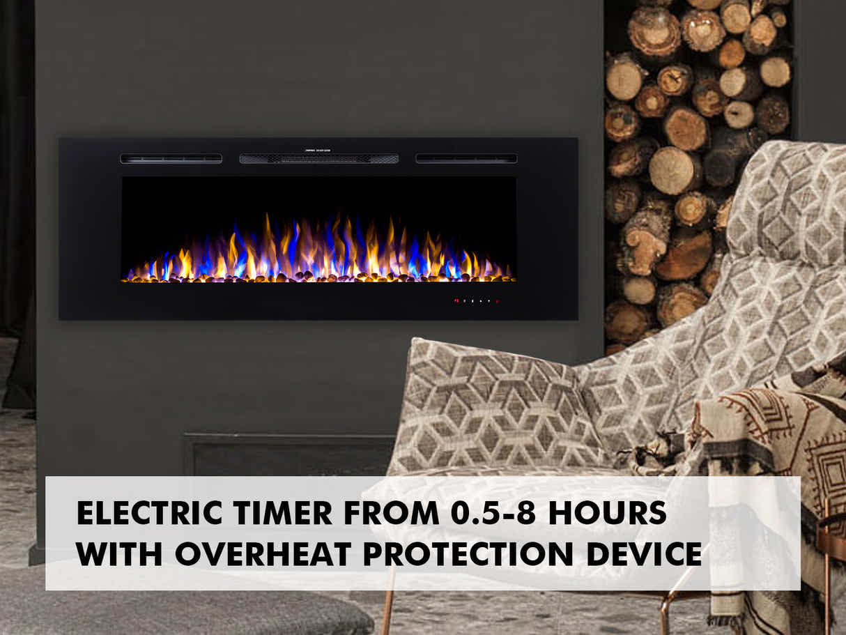 60" Electric Fireplace with Remote & Pebbles - Wall Mount/Recessed