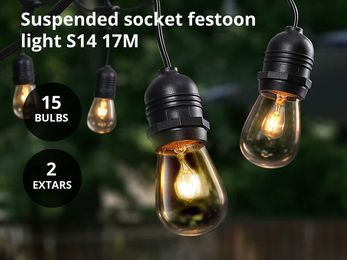 Suspended Socket Festoon Lights with Tungsten Bulbs - 17 m