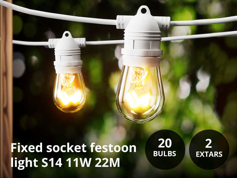 White Fixed Socket Festoon Lights with Tungsten Bulbs - 22 m