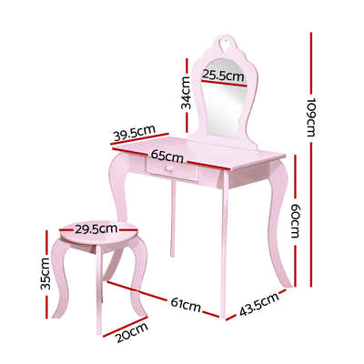 Pink Kids Vanity Dressing Table Stool Set Mirror Princess Children Makeup