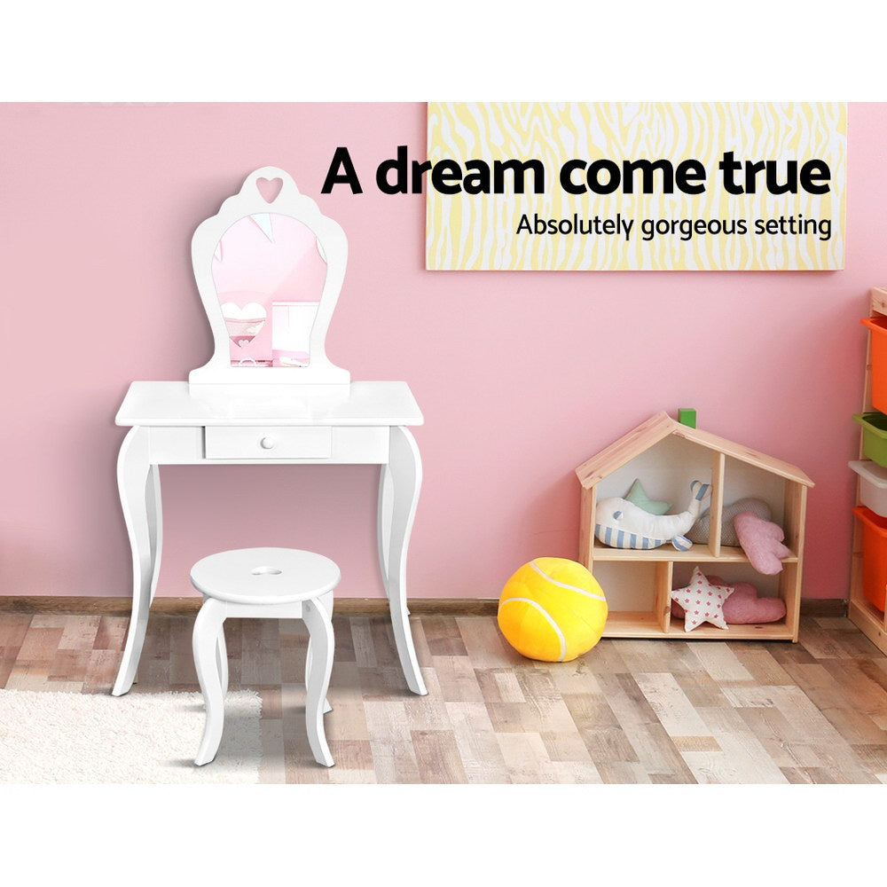 DS NA White Kids Vanity Dressing Table Stool Set Mirror Princess Children Makeup