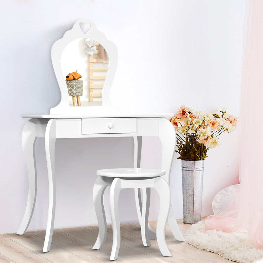 White Kids Vanity Dressing Table Stool Set Mirror Princess Children Makeup