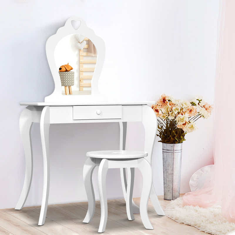 DS NA White Kids Vanity Dressing Table Stool Set Mirror Princess Children Makeup