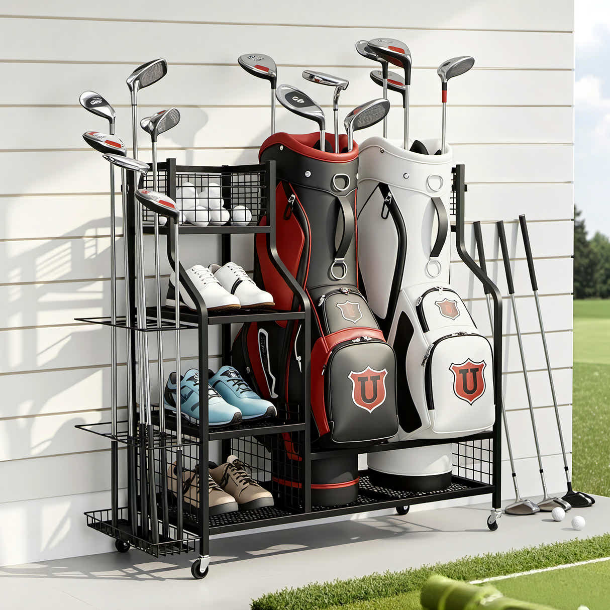 DS NA Everfit Golf Bag Storage Golf Storage Garage Organizer with Wheels Black