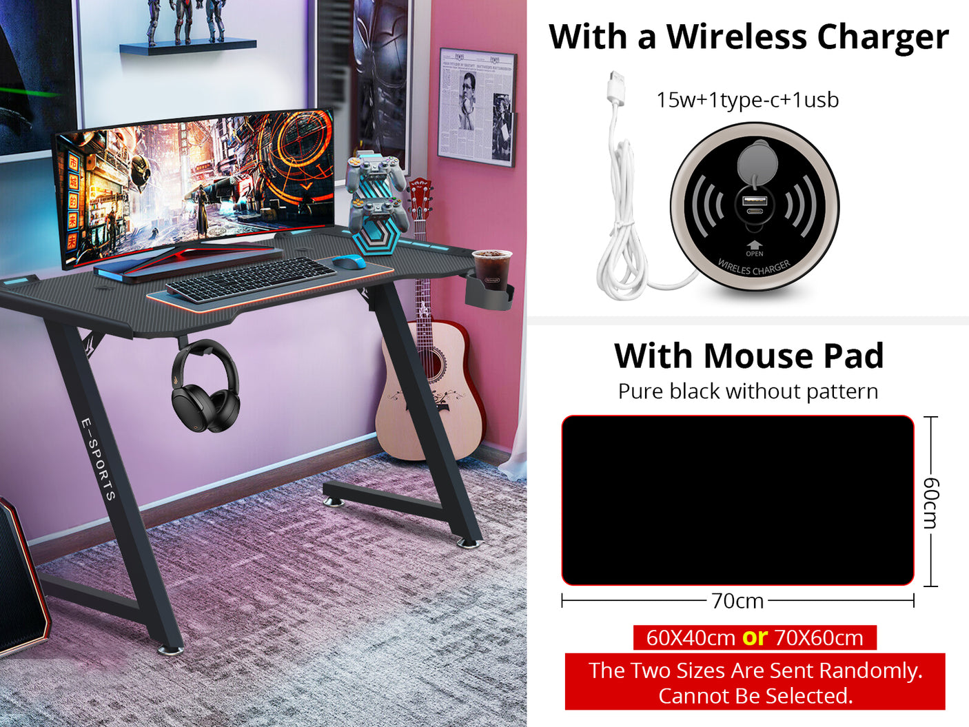 Gaming Table KZ-1 140cm with Wireless Charger and Mouse Pad