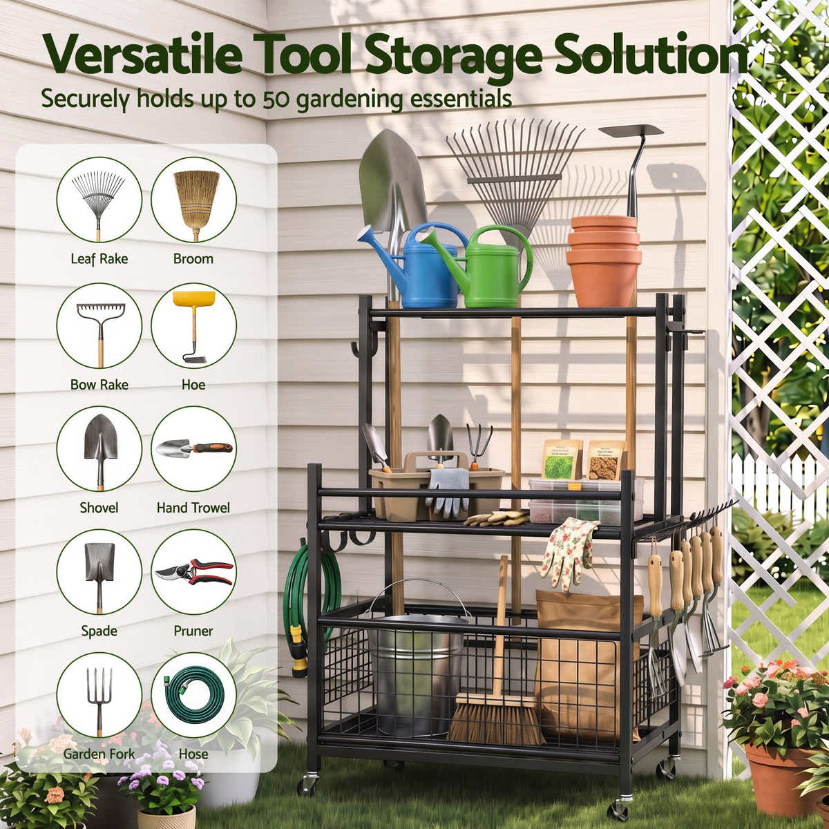 Gardeon Garden Tool Organizer Rack 16 Slots Rolling Garage Storage with Hook