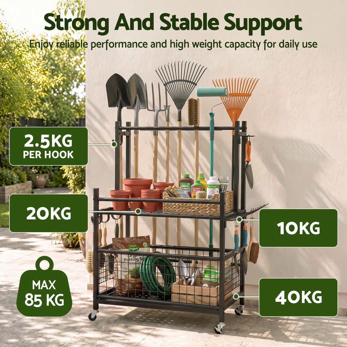 Gardeon Garden Tool Organizer Rack 16 Slots Rolling Garage Storage with Hook