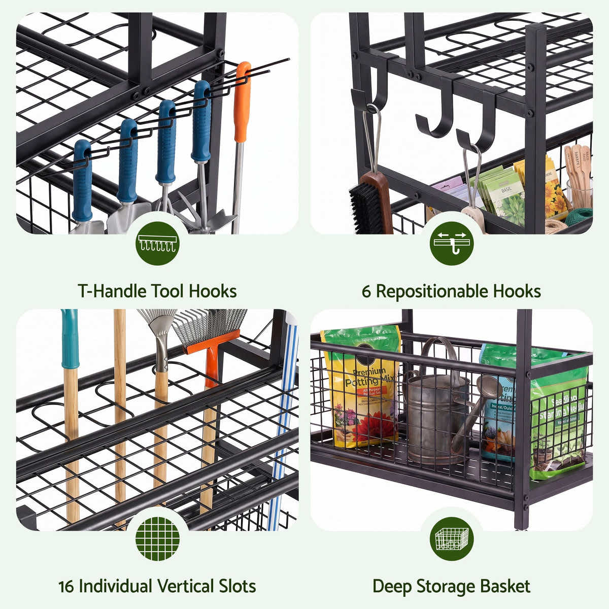Gardeon Garden Tool Organizer Rack 16 Slots Rolling Garage Storage with Hook