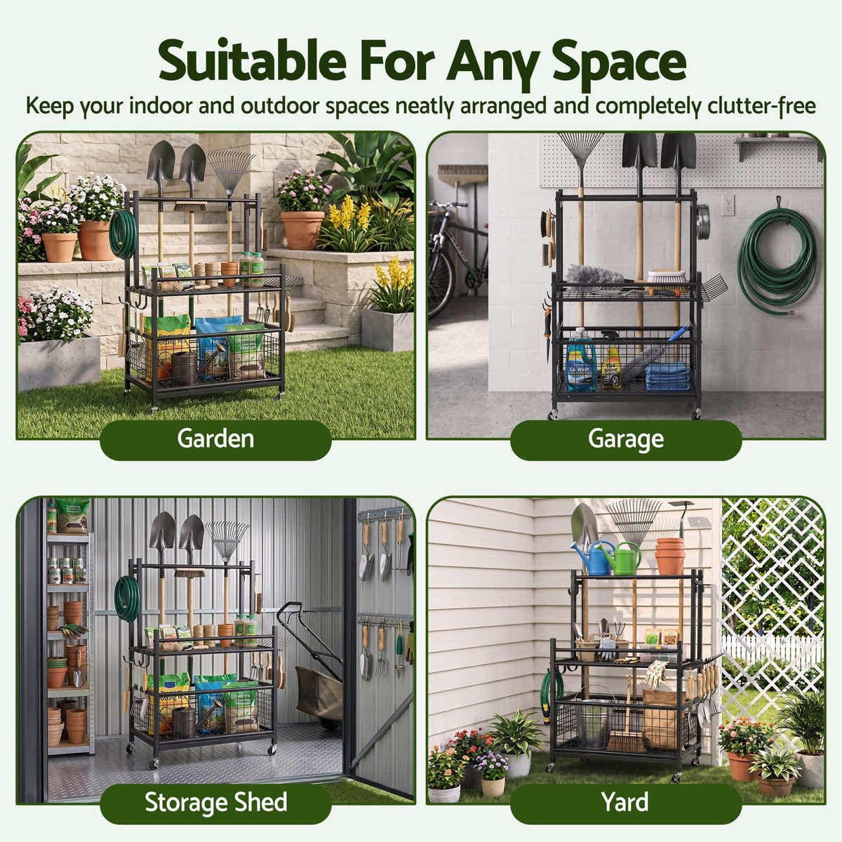 Gardeon Garden Tool Organizer Rack 16 Slots Rolling Garage Storage with Hook