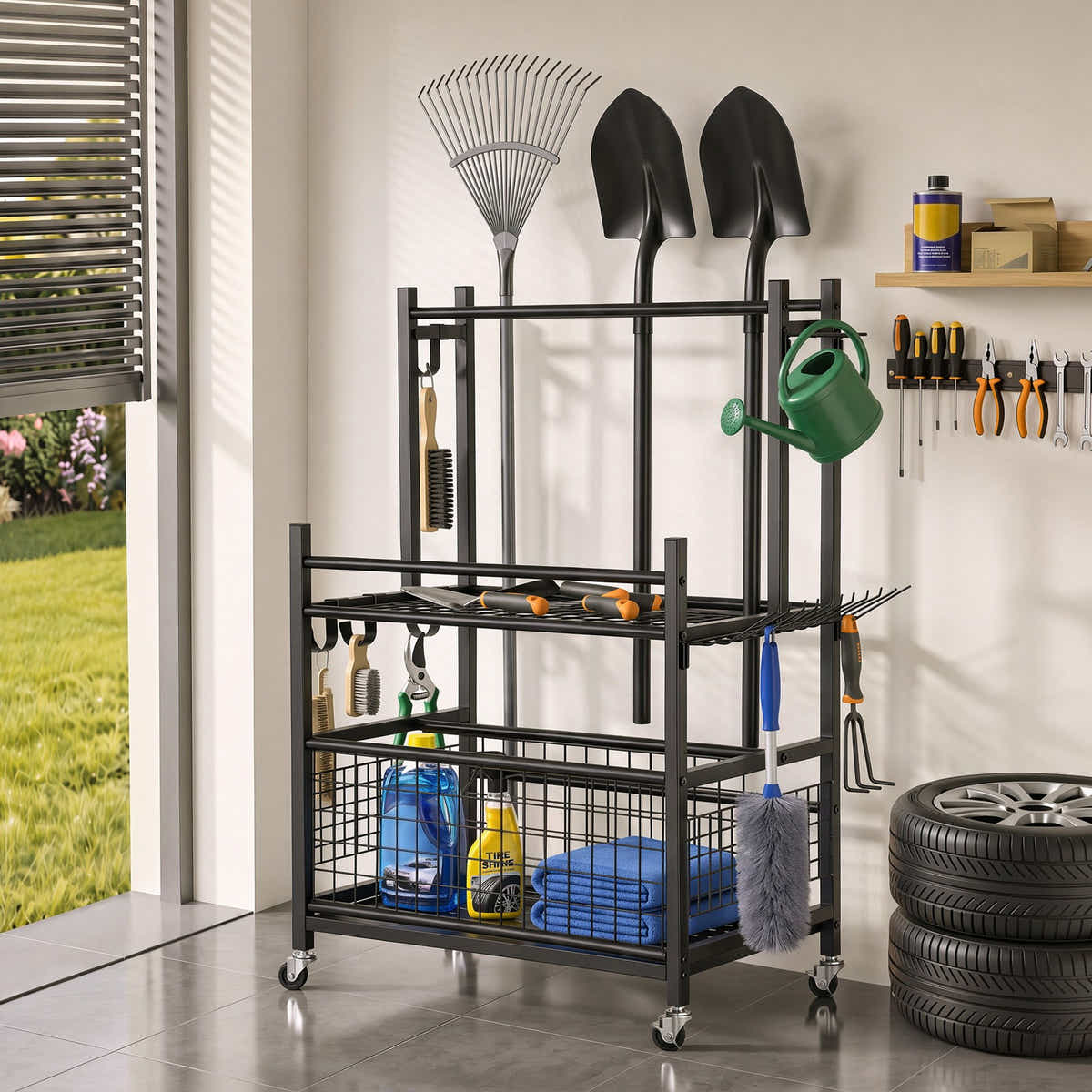 Gardeon Garden Tool Organizer Rack 16 Slots Rolling Garage Storage with Hook
