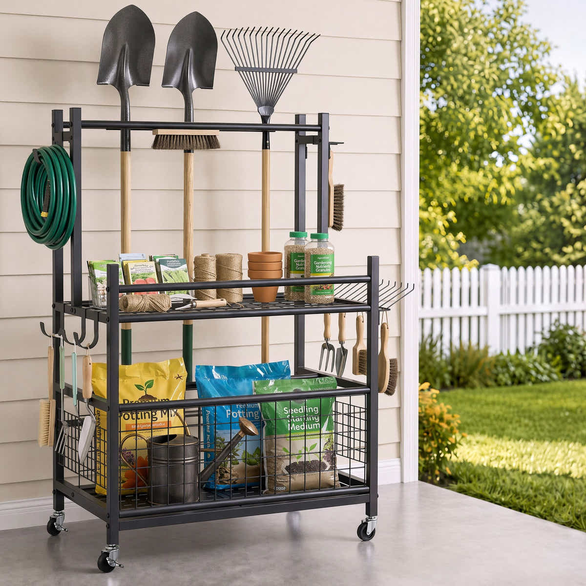 Gardeon Garden Tool Organizer Rack 16 Slots Rolling Garage Storage with Hook