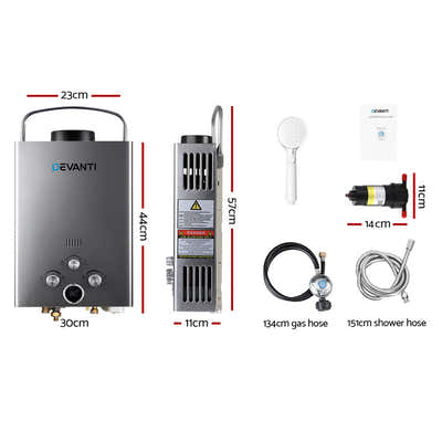 DS NA Devanti Portable Gas Water Heater With Pump LPG System Grey