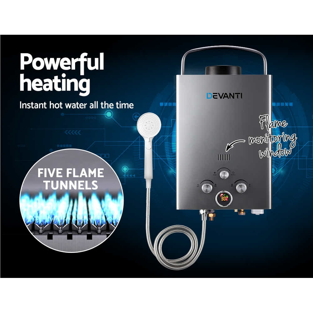 DS NA Devanti Portable Gas Water Heater With Pump LPG System Grey