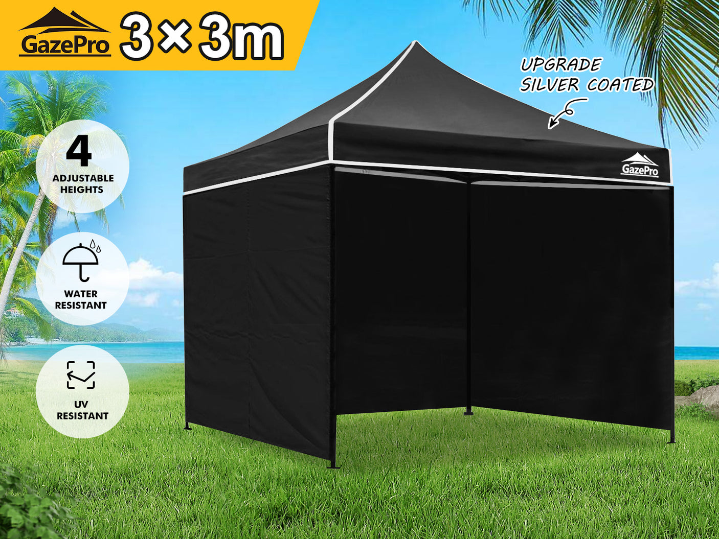 Gazebo Silver coated roof 3x3m Black
