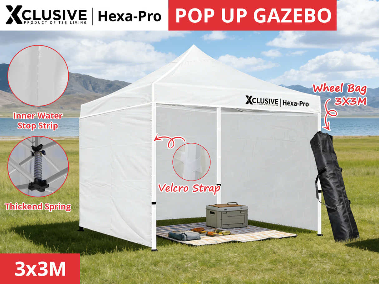Xclusive Gazebo HEX with Wheel Bag 3m x 3m - White