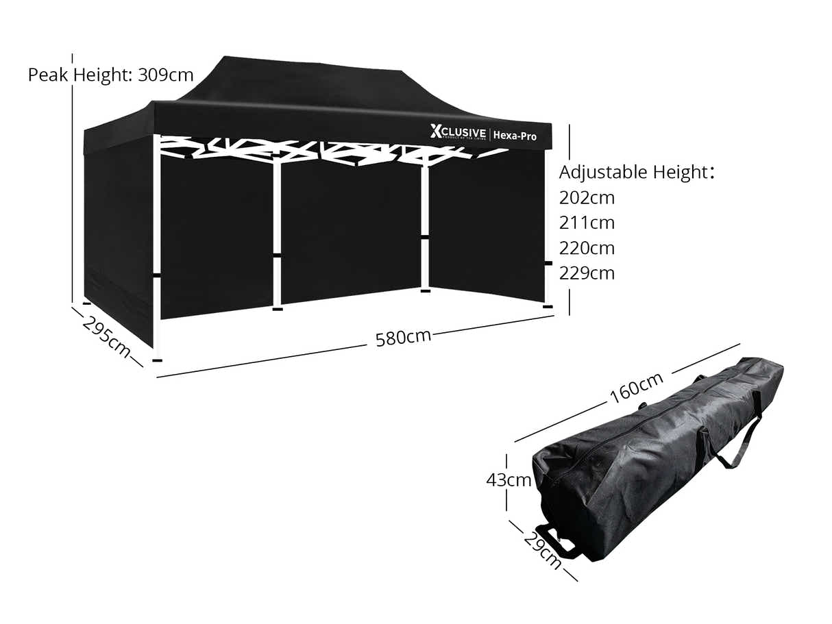 Xclusive Gazebo D HEX 3x6m set BLACK with bonus wheel bag
