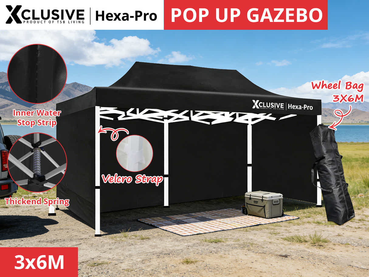 Xclusive Gazebo D HEX 3x6m set BLACK with bonus wheel bag