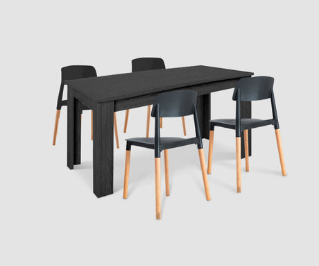 1.6M Dining Table Black + Dining Chair PPW Black X 4