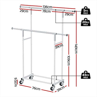 DS NA Artiss Clothes Rack Double Rod Airer Rail Coat Stand Adjustable Hanger Sw