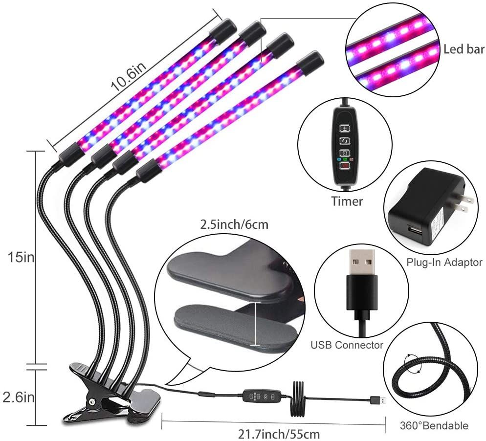 DS BS 4 Head LED Plant Grow Light with Clip Base